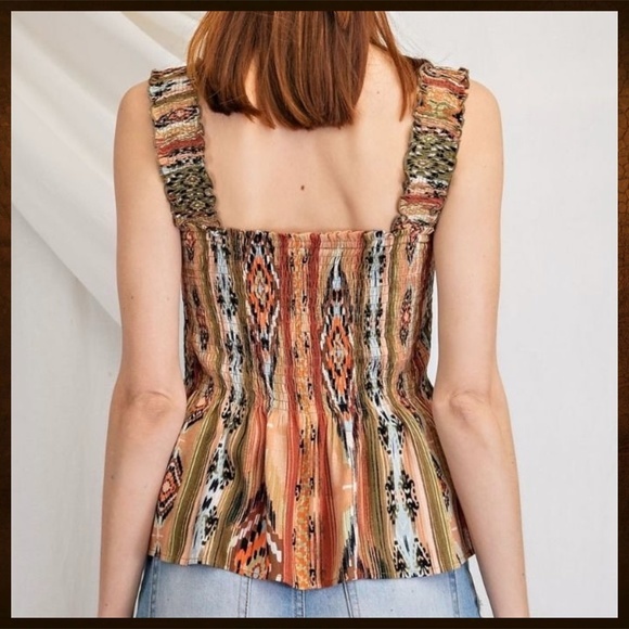 EASEL Smocked Fitted Stretchy Sleeveless Bodice W/Pleated Peplum Aztec Print Top - Picture 5 of 16